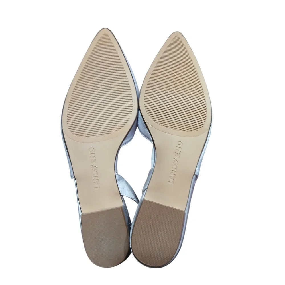 Lands End Silver White Satin Slingback Pointed Toe Low Heel Flats Womens 10